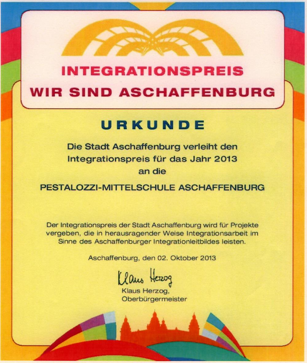 Integrationspreis wir sind Aschaffenburg Urkunde